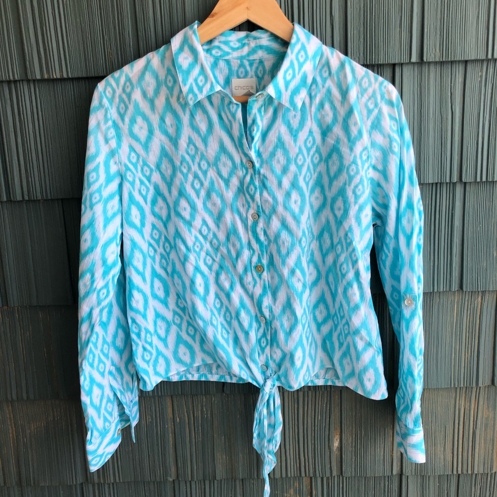 Chico's Long Sleeve Top Button Down Tie Dye Shirt Size 1 Turqoise Aqua Diamond